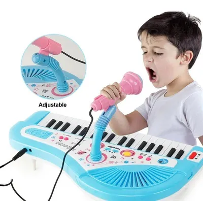 Produktbild von Kinder-Keyboard mit 37 Tasten und Mikrofon, elektronisches Spielzeugklavier aus ABS - Blau