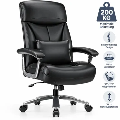 Produktbild von CRELIV -XXL Bürostuhl bis 200 kg, ergonomischer Chefsessel mit breitem Sitz, Lendenkissen, höhenverstellbar, 360° drehbar Schwarz, KI-generiertes Bild