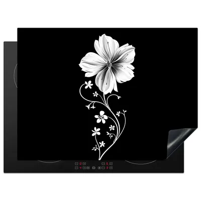 Produktbild von KitchenYeah© Herdabdeckplatte Blume - Schwarz - Weiß , 71x52cm, Küche Deko, Glaskeramikkochfeld Herdabdeckung, Abdeckplatte fùr Kochfeld