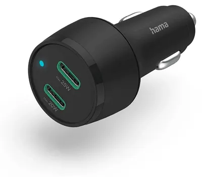 A black Hama car charger with two USB-C ports.
