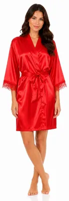 Produktbild von Damen Satin Morgenmantel Kimono kurz mit Spitze Bademantel Hausmantel Robe Rot/S