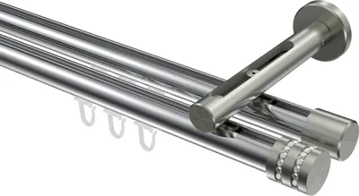 Produktbild von Interdeco Innenlaufstange / Gardinenstange mit Innenlauf Chrom / Edelstahl-Optik, Typ Siteno Estana (Glitzerkappe), 20 mm Ø 2-läufig, 480 cm