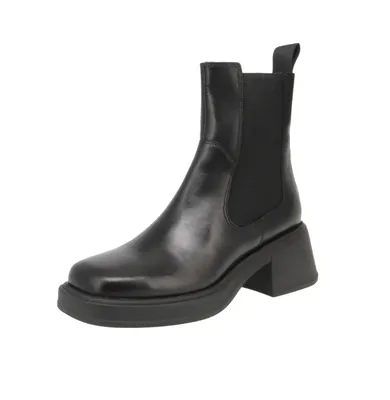 A black leather Chelsea boot with a platform sole and block heel, shown from the side against a white background.