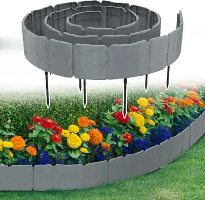 Produktbild von LZQ Rasenkante Steinoptik 2,5 m, Beetumrandung Mähkante aus Kunststoff, Beeteinfassung Gartenzaun mit 10 Erdankern, 10 Elemente (25x20 cm), Grau