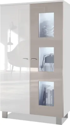 Produktbild von Vladon Vitrine Denjo,  Germany, Standvitrine mit 2 Türen und 3 Glaseinsätzen, Weiß matt/ Weiß Hochglanz/ Sandgrau Hochglanz inkl. LED-Beleuchtung (71 x 129 x 35 cm)