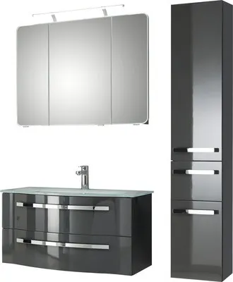 Produktbild von Pelipal Badmöbel-Set Xpressline 4005 BxHxT 132 x 200 x 49 cm Frontfarbe grau hochglanz mit Waschtisch Glas weiß und Wasc