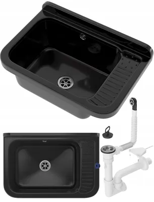 Zdjęcie produktu dla Granitan - Zlew gospodarczy - Zlew 37x26,7 cm - Zlew czarny - z syfonem - do pralni i garażu - POLO