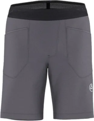Graue Shorts "Flatanger Short M" von La Sportiva mit elastischem Bund und zwei Taschen.