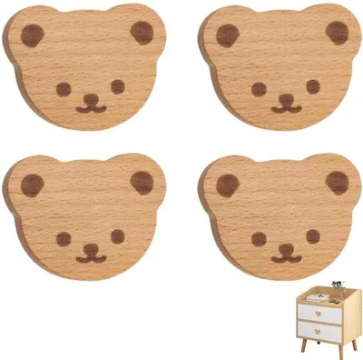 Immagine prodotto di Fermacassetti a forma di orsetto - Set di 4 fermacassetti in legno per camerette da bambina, camerette per bambini, rinforzo per mobili - con viti - 5 x 6 cm
