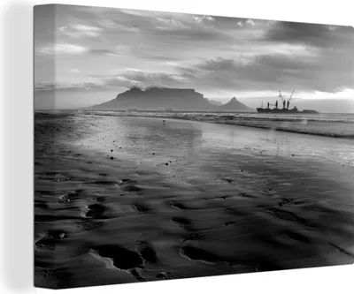Produktbild von OneMillionCanvasses® - Leinwandbilder - 140x90 cm, Sonnenuntergang über dem Tafelberg in Kapstadt - schwarz und weiß, Wandbilder Kunstdruck Wanddekoration