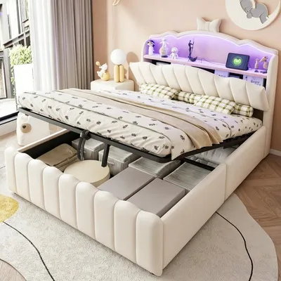 Imagen del producto de Cama infantil acolchada de 140x200 cm con espacio de almacenamiento hidráulico, tapizada en terciopelo, cabecero con LED y cambio de color, y puertos USB y USB-C, color beige