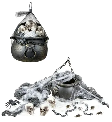 Produktbild von Halloweendecoratie: Set mit ketel, 3 Schedels, web, spin, Kette & stof