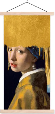 Produktbild von MuchoWow® Textilposter Mädchen mit einem Perlenohrring - Gold - Vermeer 60x120 cm mit holzfarbenen Rahmen - Holz