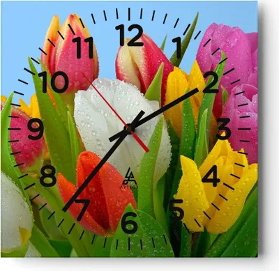 Produktbild von Wanduhr - Quadrat - Glasuhr - Tulpen Blumenstrauß Blumen Tau - 40x40cm - Schleichendes Uhrwerk - Lautlos - zum Aufhängen bereit - Dekoration Modern - Wanddekoration aus Glas - C4AC40x40-2526