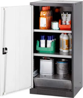 Produktbild von Chemikalienschrank - Flügeltür, reinweiß - Türanschlag links - 2 Fachböden - Lochblecheinsatz - 1.105 x 545 x 520 mm - Stahl, pulverb.