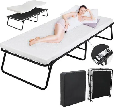 Zdjęcie produktu dla Famanu, składane łóżko 80x191 cm - Składane łóżko gościnne z materacem z pianki termoelastycznej o grubości 7 cm, metalową ramą i kółkami ułatwiającymi transport