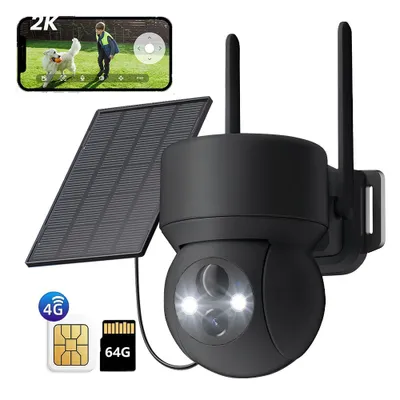 Image de 4G LTE caméra de surveillance extérieure solaire avec carte SIM & carte 64G sans WLAN 2K PTZ sans fil caméra IP extérieure sans WLAN détection PIR couleur vision nocturne