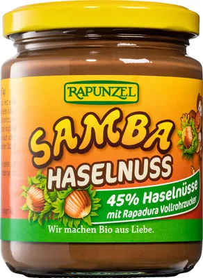 Produktbild von Rapunzel 160500, Nussaufstrich, 250 g, Milch, Nüsse, Deutschland, HASELNÜSSE* (45,00%), Vollrohrzucker*, Rohrzucker*, Palmöl*, VOLLMILCHPULVER*, Kakaopulver*..., Kühl und trocken lagern.