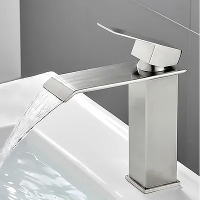Zdjęcie produktu dla Bateria umywalkowa typu "wodospad", jednouchwytowa, ze stali nierdzewnej, szczotkowana, oszczędzająca wodę, do podłączenia ciepłej i zimnej wody