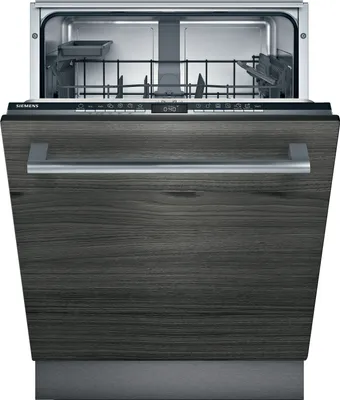 A front view of an open dishwasher with a dark wood-grain finish on the door.