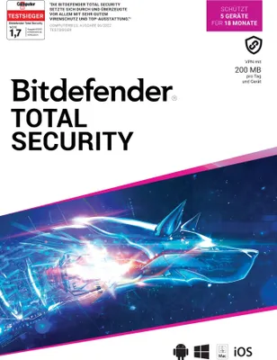Produktbild von Bitdefender Total Security 2024 inkl. 200MB VPN / 5 Geräte / 1,5 Jahre / Download (Lizenz per E-Mail)