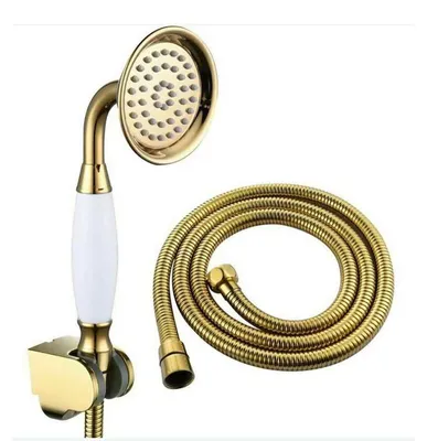 Produktbild von Duschkopf-Set aus Messing mit 1,5 m flexiblem Schlauch, Duschkopfhalterung, goldfarben