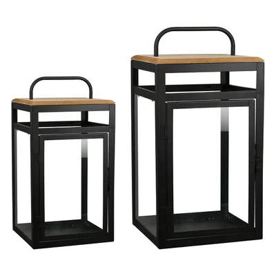 Produktbild von Casablanca 2er Set Laterne "Relax" Metall / Holz / Glas . schwarz / naturfarben / klar Metallkorpus . schwarz oben mit Holzplatte . naturfarben mit Glasscheiben . klar - für den geschützten Außenbereich - H: 22 cm B: 13.50 cm T: 13.50cm 84112