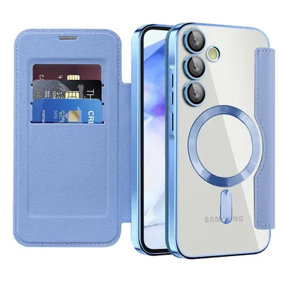 Obrázek produktu pro Pouzdro pro Samsung Galaxy A55 kompatibilní s MagSafe, průhledné pouzdro s držákem karet, kožené pouzdro s ochranou kamery Světle modrá