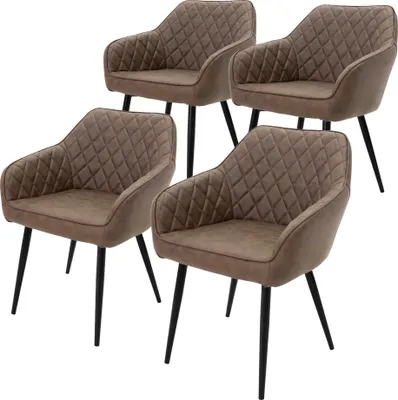 Four brown dining chairs with diamond-stitched upholstery and black metal legs are arranged on a white background.