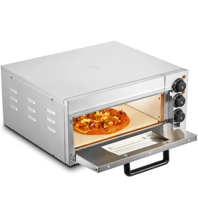 A stainless steel commercial pizza oven with a pizza inside.