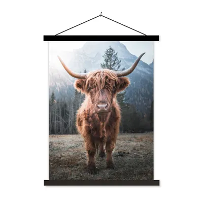 Produktbild von MuchoWow® Textilposter Schottischer Hochländer - Kuh - Tiere - Berg - Natur 60x80 cm mit schwarzem Rahmen - Plakathalter