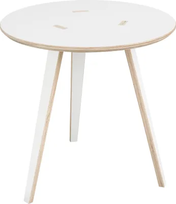 A white round table with three wooden legs against a white background.