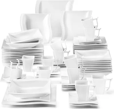 Produktbild von MALACASA 60-tlg. Cremeweiß Porzellan Geschirrset Kombiservice Tafelservice mit Kaffeetassen, Unterteller, Dessertteller, Suppenteller und Flachteller