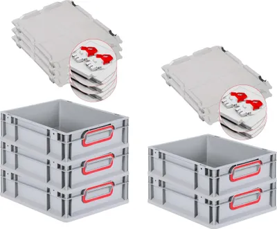 Produktbild von SuperSparSet 5x Eurobox NextGen Color mit Scharnierdeckel und Schiebeschnappverschlüssen | HxBxT 12x30x40cm | 11 Liter | Grau | Griffe rot geschlossen | Glatter Boden | Eurobehälter, Transportbox, Transportbehälter, Stapelbehälter