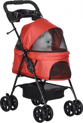 Produktbild von PawHut Hundewagen Hundebuggy mit Klappfunktion Pet Stroller für kleine Hunde und Katzen Haustierwagen Katzenbuggy Oxford Rot 67 x 45 x 96 cm