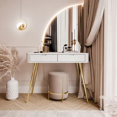 Produktbild von Schminktisch ZAIRA-QS mit LED Spiege Weß Linke schräge gold Chrom Beine