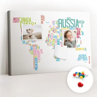 Obrázek produktu pro Korková nástěnka s kolíčky - Tabule s kolíky pro fotografie a poznámky - 60x40 cm - Připínáčky barevné 100 kusů - Mapa s názvy zemí