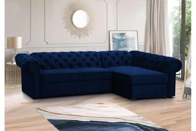 Obrázek produktu pro Rohová pohovka FURMEB 24 SWAROWSKI MAXI s možností rozložení na spaní, pravá strana, rozměry 280x180 cm, prošívaná, vzor diamantu, barva tmavě modrá (námořnická)