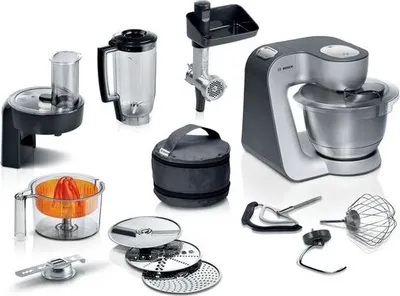 Produktbild von BOSCH Küchenmaschine MUM5 Serie 4 MUM5935B Durchlaufschnitzler, 3 Scheiben, Mixer, silber, Fleischwolf, Kekspresse, Zitruspresse, 3 Rühr-/Knethaken, spülm.fest
