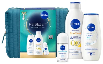 Produktbild von NIVEA Reisezeit Geschenkset 2026 Duschcreme Lotion Deo Roll-On Kulturtasche