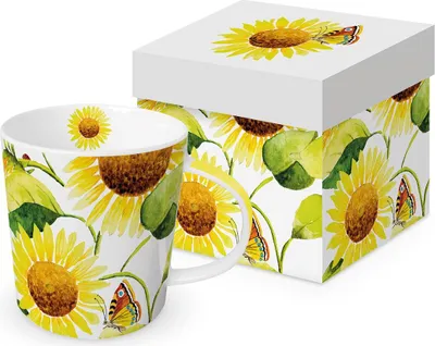 Produktbild von Kaffeebecher Sonnenblumen mit Geschenkbox, Tasse Henkelbecher Blumen Schmetterling