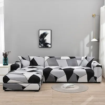 Produktbild von Schnittcouchbezug, L-förmiger Sofabezug, Sitzbezüge aus weichem Polyestergewebe mit 4 Kissenbezügen,Schwarz-Weiß-Geometrie