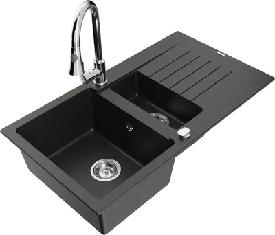 Produktbild von Mexen Matias 1,5-Becken-Granitspüle mit Abtropffläche und Mischbatterie Elia, Schwarz/Gold metallisch - 6502-75-670101-00