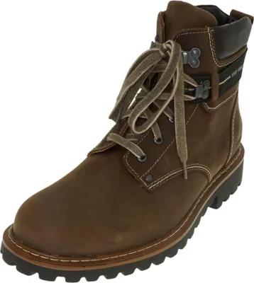 A single brown leather boot is shown against a white background.