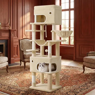 Produktbild von Fobyfurny Kratzbaum, 178 cm Katzenbaum mit Großer Plattform, Beige | mit 2 Höhlen, 7 Kratzsäulen, Pompons, Liegemulden, Hängematte