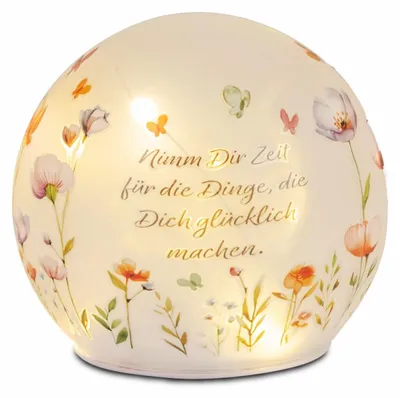 Produktbild von 1 Stück Deko-Kugel mit LED-Licht + Timer 12cm aus Farbglas mit Blumenmuster u. Spruch: Nimm Dir Zeit für, KI-generiertes Bild