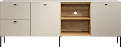 A lowboard cabinet with two drawers on the left and an open shelving unit in the center, all on black legs.