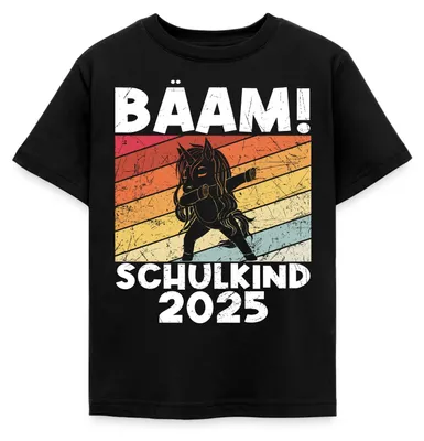 Produktbild von Spreadshirt Bääm! Schulkind 2025 Einschulung Einhorn Kinder T-Shirt, 122/128 (7-8 Jahre), Schwarz