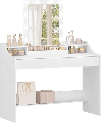 Image de Table de maquillage avec éclairage LED et miroir - 108 cm - 2 tiroirs et étagères ouvertes - Table de maquillage moderne
