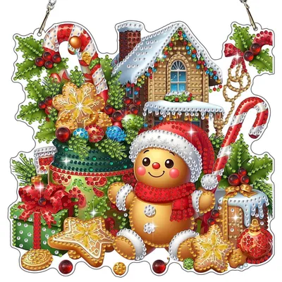 Immagine prodotto di Set per creare un ciondolo con la tecnica del diamond painting, raffigurante un paesaggio natalizio con un babbo Natale e una casetta, ideale per bambini e adulti